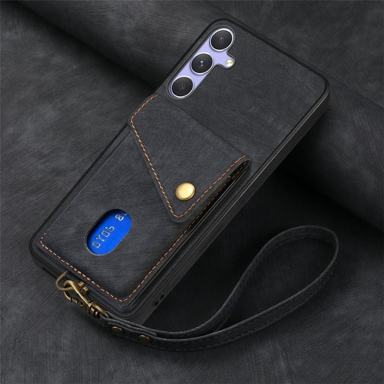 For Samsung Galaxy S25 5G Retro Card Wallet Fold Leather Phone Case with Strap(Black) - Galaxy S25 5G Cases by buy2fix | Online Shopping UK | buy2fix