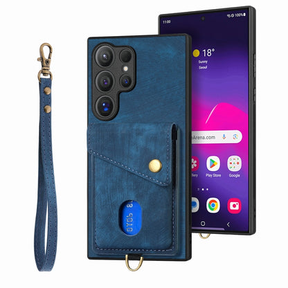 For Samsung Galaxy S25 Ultra 5G Retro Card Wallet Fold Leather Phone Case with Strap(Blue) - Galaxy S25 Ultra 5G Cases by buy2fix | Online Shopping UK | buy2fix