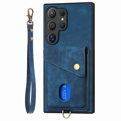 For Samsung Galaxy S25 Ultra 5G Retro Card Wallet Fold Leather Phone Case with Strap(Blue) - Galaxy S25 Ultra 5G Cases by buy2fix | Online Shopping UK | buy2fix