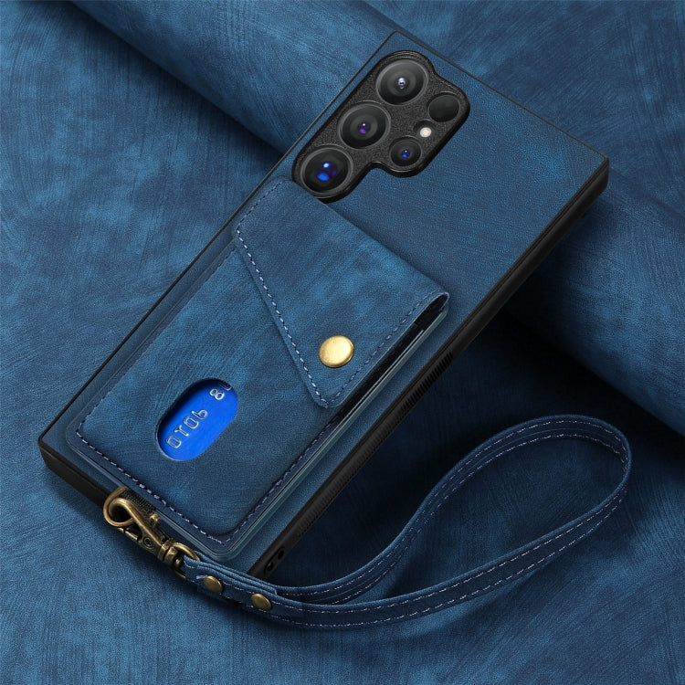 For Samsung Galaxy S25 Ultra 5G Retro Card Wallet Fold Leather Phone Case with Strap(Blue) - Galaxy S25 Ultra 5G Cases by buy2fix | Online Shopping UK | buy2fix