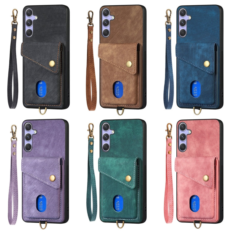 For Samsung Galaxy S25 Ultra 5G Retro Card Wallet Fold Leather Phone Case with Strap(Blue) - Galaxy S25 Ultra 5G Cases by buy2fix | Online Shopping UK | buy2fix