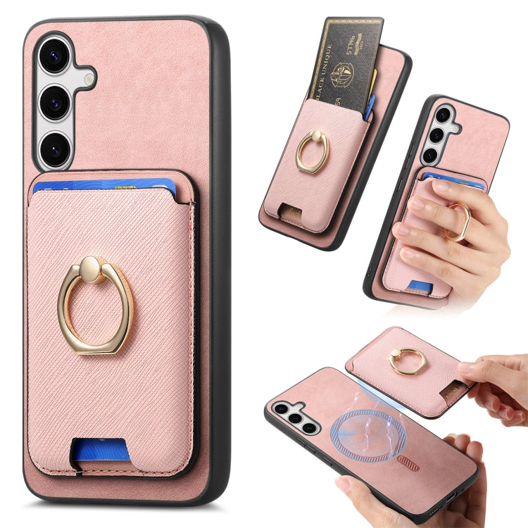 For Samsung Galaxy S25+ 5G Retro Cross Leather Ring Vertical Insert Card Bag MagSafe Phone Case(Pink) - Galaxy S25+ 5G Cases by buy2fix | Online Shopping UK | buy2fix