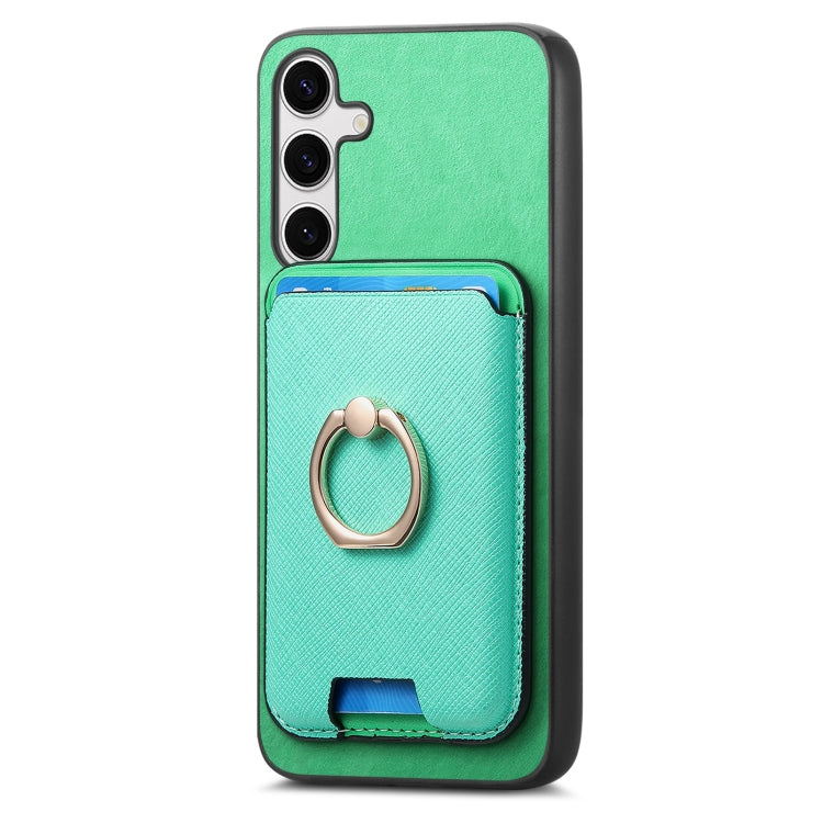 For Samsung Galaxy S25+ 5G Retro Cross Leather Ring Vertical Insert Card Bag MagSafe Phone Case(Green) - Galaxy S25+ 5G Cases by buy2fix | Online Shopping UK | buy2fix