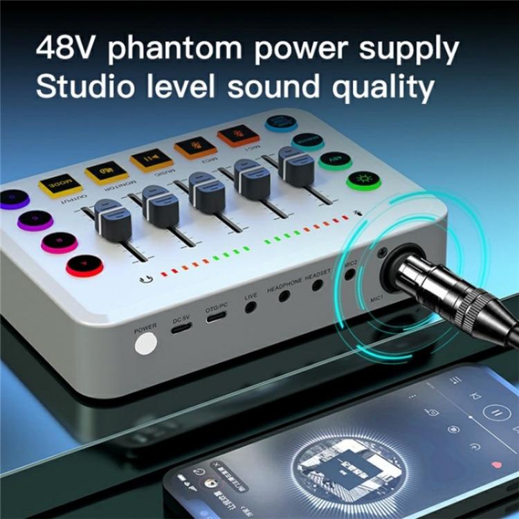 F9 48V Live Streaming Sound Card Audio Mixer Power Voice Changer with RGB Light(White) - Live Sound Effects Processors by buy2fix | Online Shopping UK | buy2fix