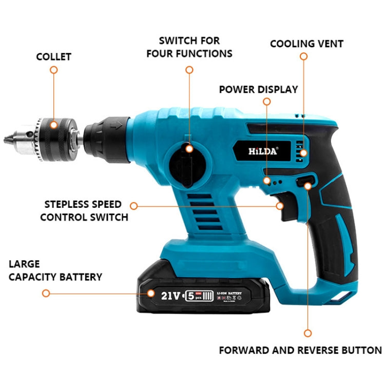 HILDA 12pcs /Set Li-Ion Power Hammer Electrical Impact Drill, Model: 2 Battery+1 Charger EU Plug - Drill & Drill Bits by HILDA | Online Shopping UK | buy2fix