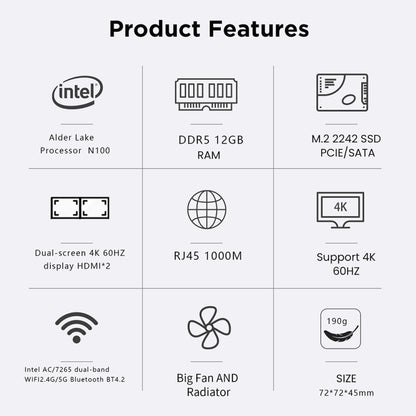 N100/DDR5 12th AlderLake-N100 Dual 4K60Hz Office And Home Mini PC, Spec: 12G+0 /UK Plug - Windows Mini PCs by buy2fix | Online Shopping UK | buy2fix