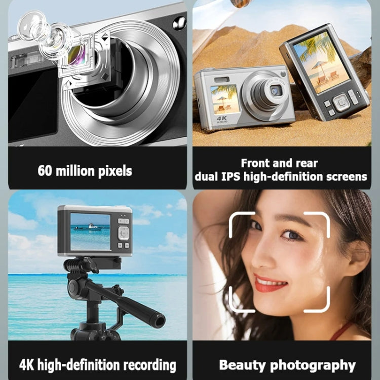 4K HD Optical Zoom Digital Camera 60MP Dual Screen Selfie Camera, No Memory(Silver) - Video Cameras by buy2fix | Online Shopping UK | buy2fix