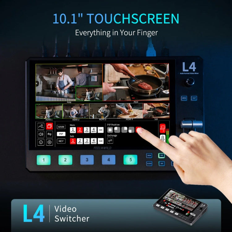 FEELWORLD L4 Multi-Camera Video Mixer Switcher 10.1" Touch Screen USB 3.0 Fast Streaming(EU Plug) - On-camera Monitors by FEELWORLD | Online Shopping UK | buy2fix