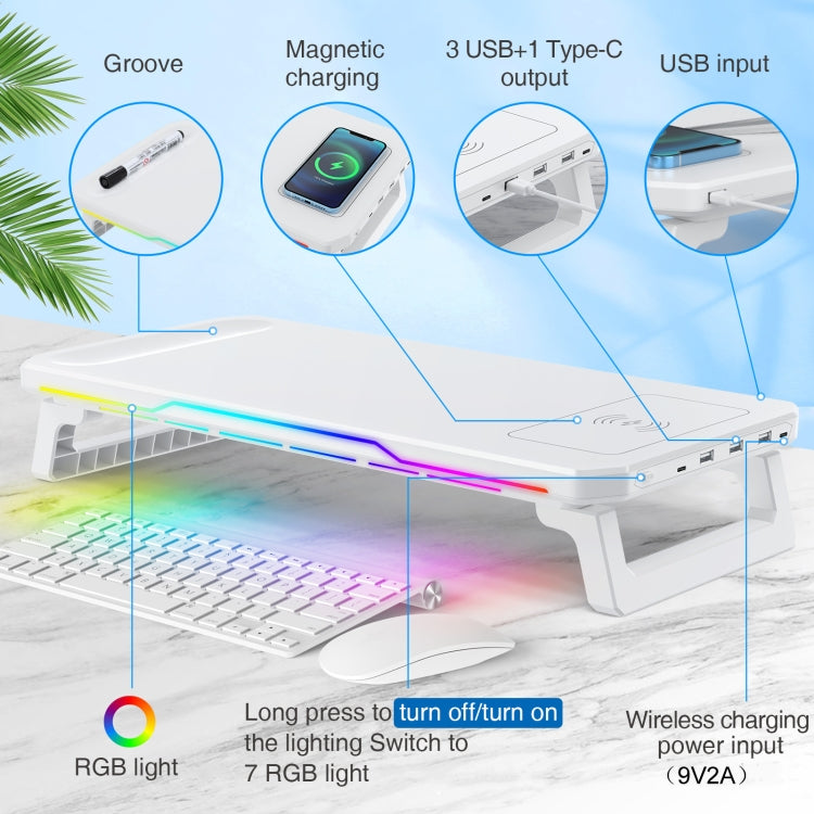 RGB Computer Monitor Stand Riser 3 USB 2.0 +1 Type-C Ports, Spec: Wireless Charging White - Laptop Stand by buy2fix | Online Shopping UK | buy2fix