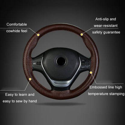 38cm Four-season Embossed Cowhide Hand-sewn Steering Wheel Cover(Black+Black Line) - Steering Wheel Accessories by buy2fix | Online Shopping UK | buy2fix