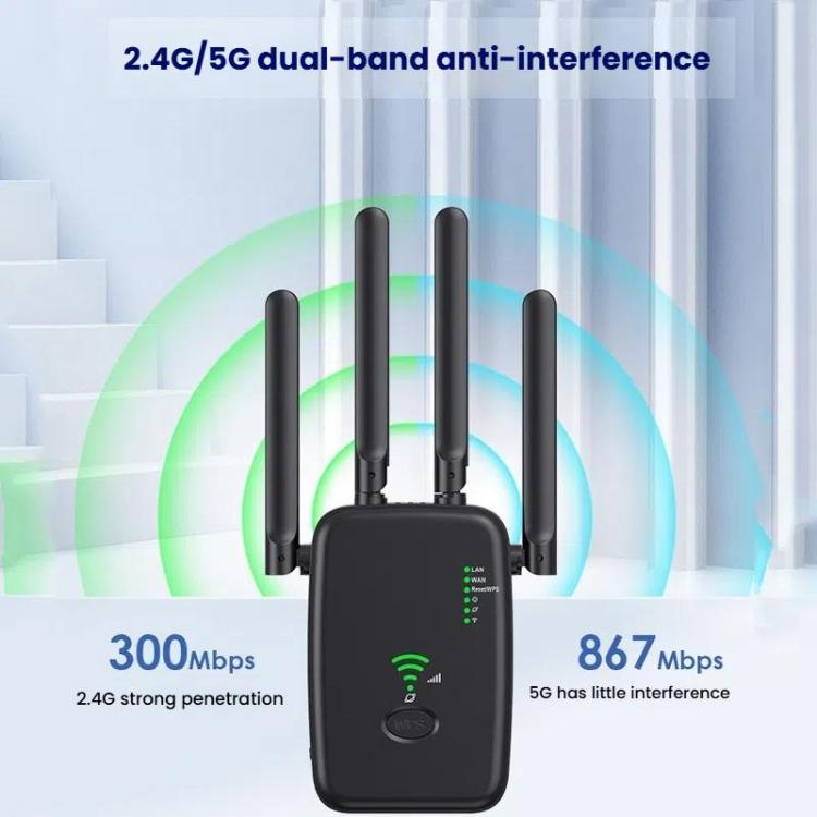 Urant U11 1200Mbps 2.4G&5.8G Wireless Repeater WiFi Signal Amplifier Support WPS Quick Setting EU Plug Black - Broadband Amplifiers by Urant | Online Shopping UK | buy2fix