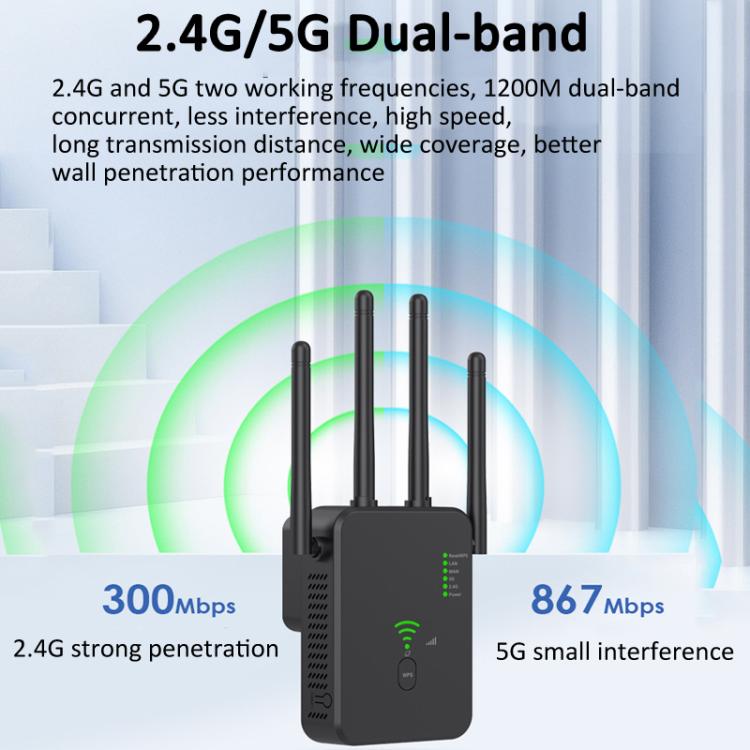 Urant U10 1200Mbps 2.4G & 5.8G Wireless Repeater WiFi Signal Amplifier With 4 Antenna US Plug Black - Broadband Amplifiers by Urant | Online Shopping UK | buy2fix