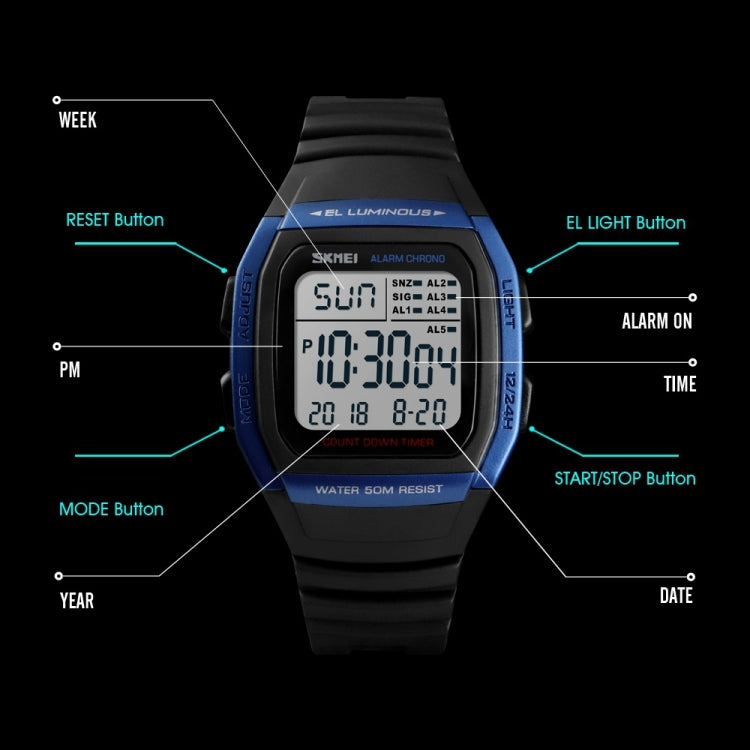 SKMEI 1278 Fashionable Outdoor 50m Waterproof Digital Watch Student Sports Wrist Watch Support 5 Group Alarm Clocks(Black) - Sport Watches by SKMEI | Online Shopping UK | buy2fix