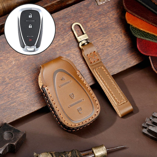 For Chevrolet 3-button Hallmo Car Cowhide Leather Key Protective Cover Key Case(Brown) - In Car by Hallmo | Online Shopping UK | buy2fix