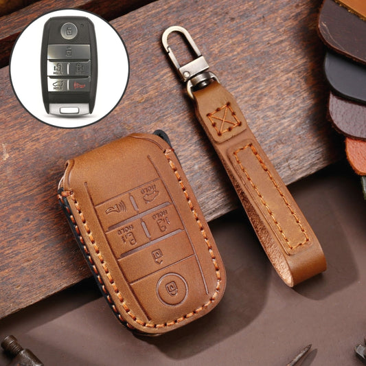 For Kia C134 6-button Hallmo Car Cowhide Leather Key Protective Cover Key Case(Brown) - In Car by Hallmo | Online Shopping UK | buy2fix