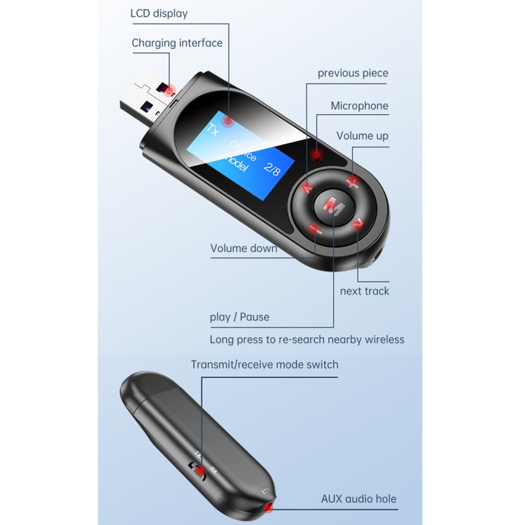 T-13 Bluetooth 5.0 LCD Digital Display Bluetooth Adapter Receiver Transmitter(Black) - Bluetooth Adapters by buy2fix | Online Shopping UK | buy2fix