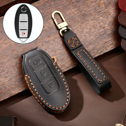 Hallmo Car Cowhide Leather Key Protective Cover Key Case for Nissan Sylphy 3-button Horn(Black) - Car Key Cases by Hallmo | Online Shopping UK | buy2fix