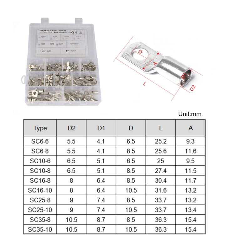 100 PCS Boat / Car Bolt Hole Tinned Copper Terminals Set Wire Terminals Connector Cable Lugs SC Terminals - In Car by buy2fix | Online Shopping UK | buy2fix