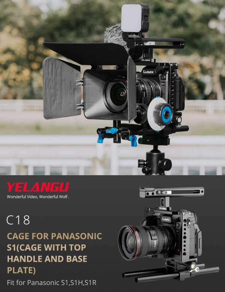 YELANGU C18 YLG0915A-C Video Camera Cage Stabilizer with Handle & Rail Rod Mount for Panasonic Lumix DC-S1H / DC-S1 / DC-S1R(Black) - Camera Cage by YELANGU | Online Shopping UK | buy2fix