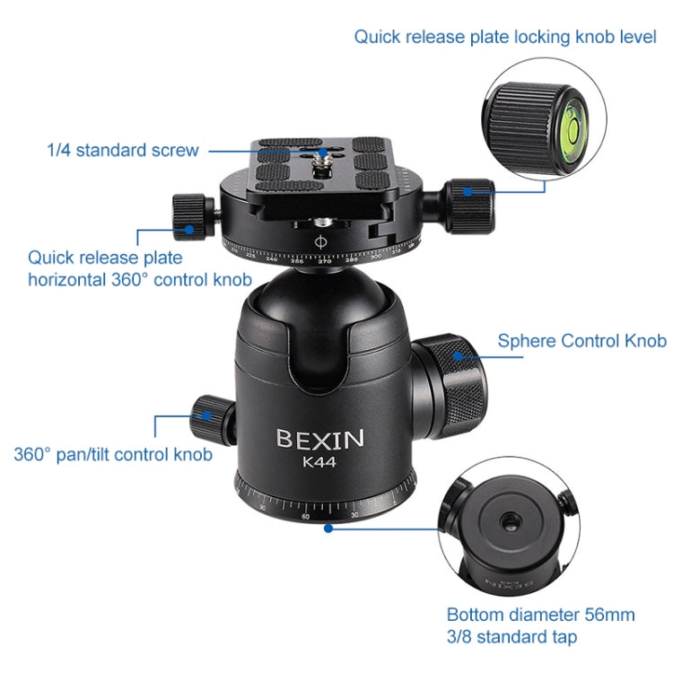 BEXIN RC334 Portable Collapsible Carbon Fiber Camera Tripod with K44 Panoramic BallHead - Camera Accessories by BEXIN | Online Shopping UK | buy2fix