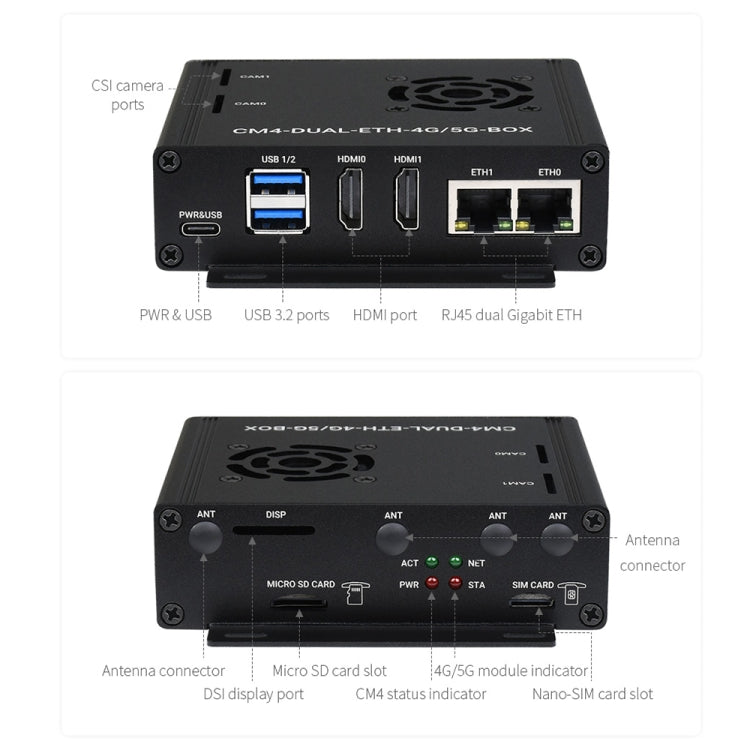 Waveshare Dual Gigabit Ethernet 5G/4G Computer Box with Cooling Fan for Raspberry Pi CM4(US Plug) - Mini PC Accessories by WAVESHARE | Online Shopping UK | buy2fix