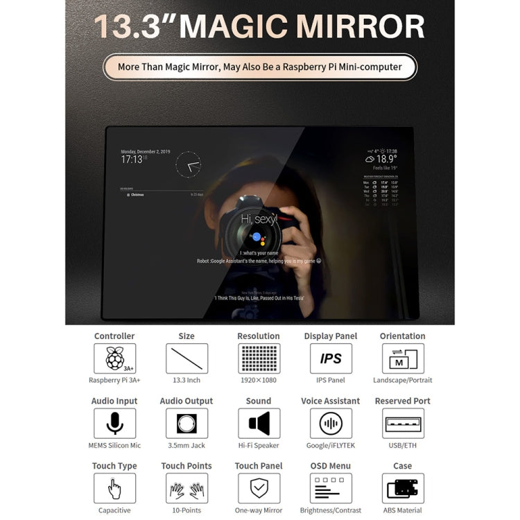 Waveshare 13.3 inch Magic Mirror, Voice Assistant, Touch Control(UK Plug) - Modules Expansions Accessories by WAVESHARE | Online Shopping UK | buy2fix