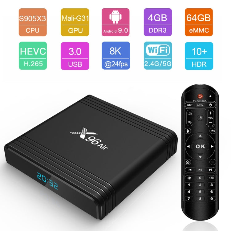 X96 Air 8K Smart TV BOX Android 9.0 Media Player with Remote Control, Quad-core Amlogic S905X3, RAM: 2GB, ROM: 16GB, Dual Band WiFi, EU Plug - Consumer Electronics by buy2fix | Online Shopping UK | buy2fix