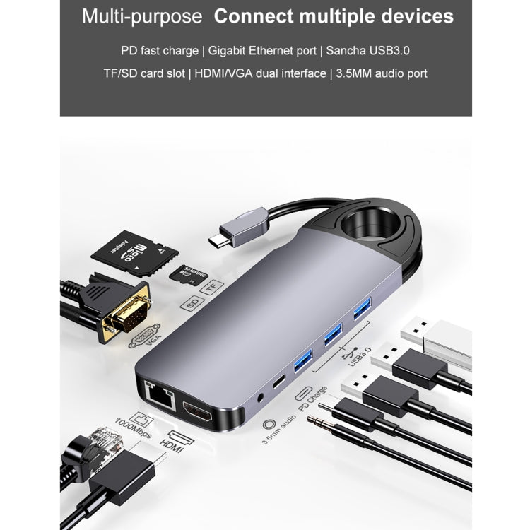 HW-TC28 10 In 1 USB 3.0 x3 + HDMI + VGA + SD + TF + PD + Ethernet Port + 3.5mm Port Multi-function Type-C / USB-C HUB Docking Station(Grey) - Computer & Networking by buy2fix | Online Shopping UK | buy2fix