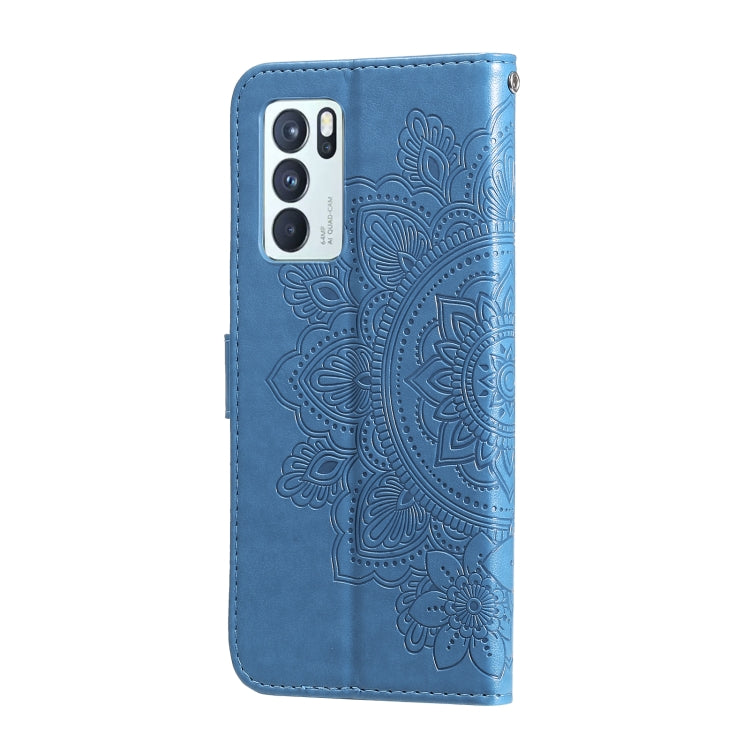 For OPPO Reno 6 Pro 5G 7-petal Flowers Embossing Pattern Horizontal Flip PU Leather Case with Holder & Card Slots & Wallet & Photo Frame(Blue) - OPPO Cases by buy2fix | Online Shopping UK | buy2fix