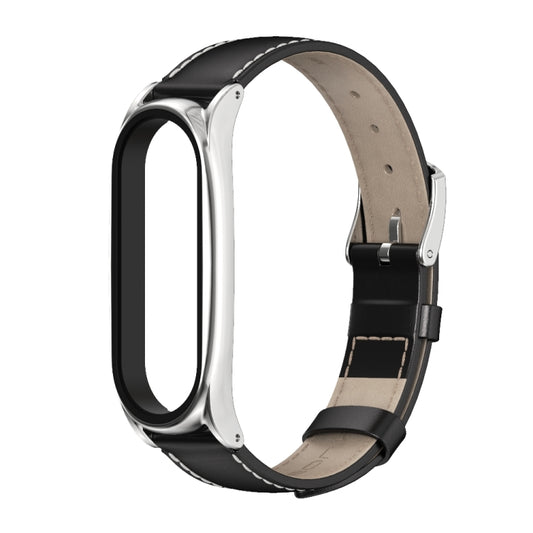 For Xiaomi Mi Band 6 / 5 / 4 / 3 Mijobs First Layer Cowhide Plus Watch Band(Black Silver) - Watch Bands by MIJOBS | Online Shopping UK | buy2fix