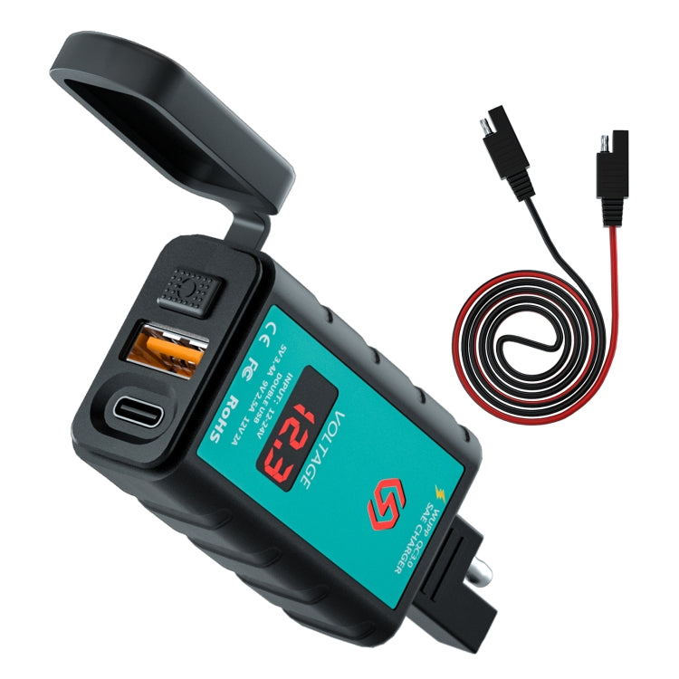 WUPP ZH-1422B2 DC12-24V Motorcycle Square Single USB + PD Fast Charging Charger with Switch + Voltmeter + Integrated SAE Socket + 1m SAE Socket Cable - In Car by WUPP | Online Shopping UK | buy2fix