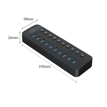 ORICO CT2U3-10AB-BK 10 In 1 Plastic Stripes Multi-Port USB HUB with Individual Switches, AU Plug(Black) - USB 3.0 HUB by ORICO | Online Shopping UK | buy2fix