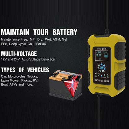 FOXSUR 10A 12V 7-segment Motorcycle / Car Smart Battery Charger, Plug Type:EU Plug(Yellow) - In Car by FOXSUR | Online Shopping UK | buy2fix