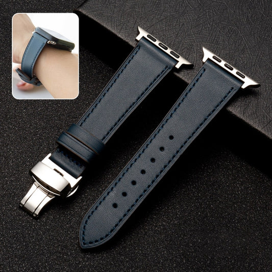 Butterfly Clasp  Top Layer Cowhide Leather Strap Watch Band For Apple Watch Series 8&7 41mm / SE 2&6&SE&5&4 40mm / 3&2&1 38mm(Blue) - Watch Bands by buy2fix | Online Shopping UK | buy2fix