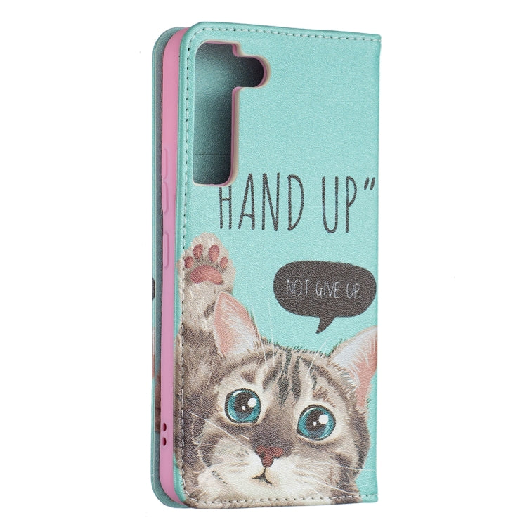 For Samsung Galaxy S22 5G Colored Drawing Pattern Invisible Magnetic Horizontal Flip Phone Leather Case with Holder & Card Slots & Wallet(Cat) - Samsung Accessories by buy2fix | Online Shopping UK | buy2fix