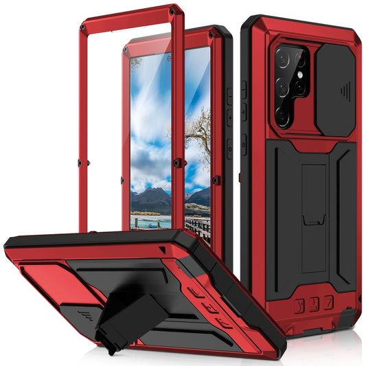 For Samsung Galaxy S22 Ultra 5G R-JUST Sliding Camera Metal + Silicone Holder Phone Case(Red) - Galaxy S22 Ultra 5G Cases by R-JUST | Online Shopping UK | buy2fix