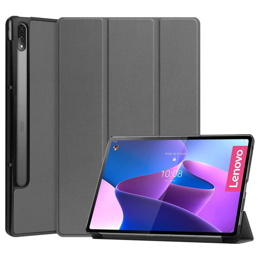 For Lenovo Tab P12 Pro 12.6 Three-folding Holder Custer Texture Leather Tablet Case(Grey) - For Lenovo by buy2fix | Online Shopping UK | buy2fix