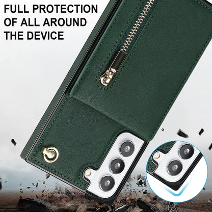 For Samsung Galaxy S21 FE 5G Cross-body Square Zipper Card Holder Bag Phone Case(Green) - Samsung Accessories by buy2fix | Online Shopping UK | buy2fix