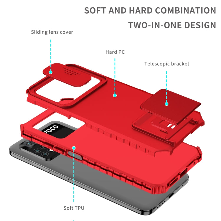 For Xiaomi Poco M4 Pro 4G Stereoscopic Holder Sliding Camshield Phone Case(Red) - Xiaomi Cases by buy2fix | Online Shopping UK | buy2fix