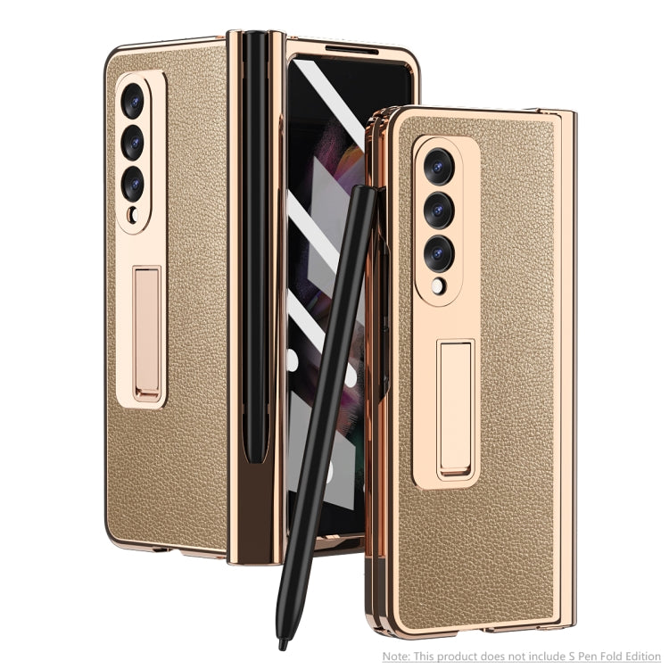 For Samsung Galaxy Z Fold3 Litchi Texture Integrated Electroplating Hinge Flip Phone Case with Pen Slot(Gold) - Galaxy Phone Cases by buy2fix | Online Shopping UK | buy2fix