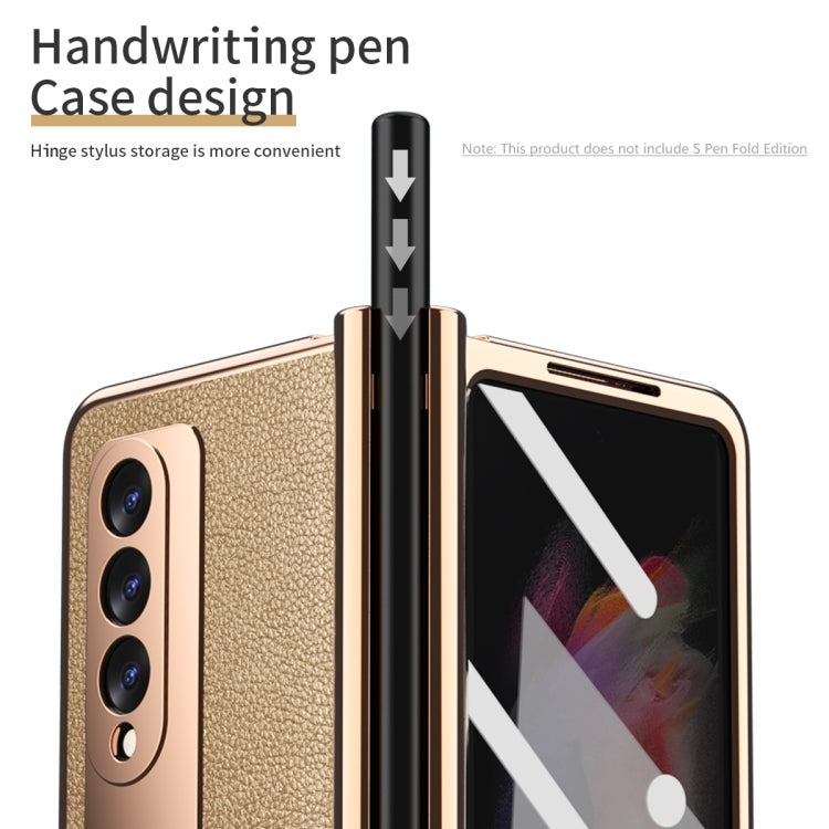 For Samsung Galaxy Z Fold3 Litchi Texture Integrated Electroplating Hinge Flip Phone Case with Pen Slot(Gold) - Galaxy Phone Cases by buy2fix | Online Shopping UK | buy2fix