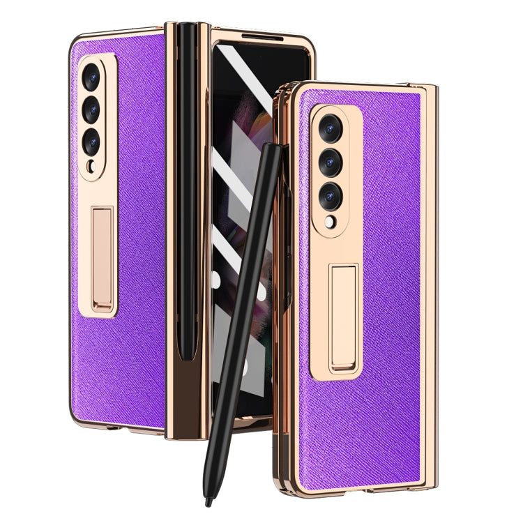 For Samsung Galaxy Z Fold3 Cross Texture Integrated Electroplating Hinge Flip Phone Case with Pen Slot(Purple) - Galaxy Phone Cases by buy2fix | Online Shopping UK | buy2fix