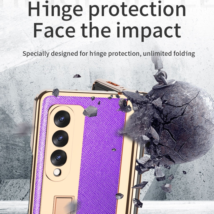 For Samsung Galaxy Z Fold3 Cross Texture Integrated Electroplating Hinge Flip Phone Case with Pen Slot(Purple) - Galaxy Phone Cases by buy2fix | Online Shopping UK | buy2fix