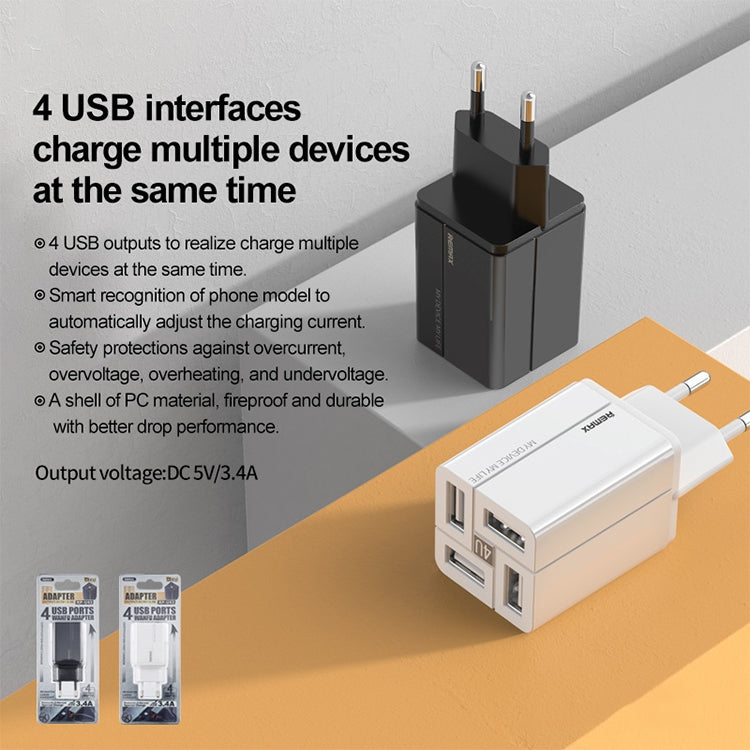 REMAX RP-U43 3.4A 4 USB Port Fast Charger, Specification:EU Plug(Black) - USB Charger by REMAX | Online Shopping UK | buy2fix