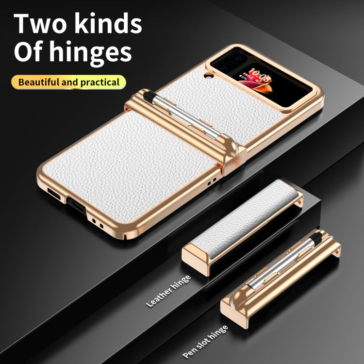 For Samsung Galaxy Z Flip4 Litchi Texture Leather Hinged Electroplated Phone Case with Pen(Gold White) - Samsung Accessories by buy2fix | Online Shopping UK | buy2fix