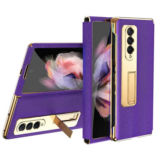 For Samsung Galaxy Z Fold4 Cross Texture Integrated Electroplating Hinge Flip Phone Case with Tempered Film(Purple) - Galaxy Z Fold4 5G Cases by buy2fix | Online Shopping UK | buy2fix