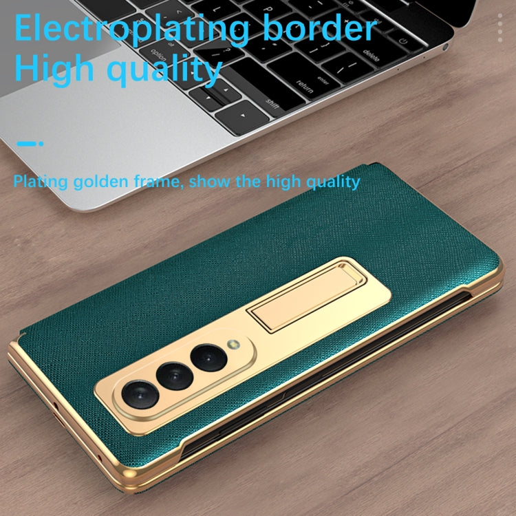 For Samsung Galaxy Z Fold4 Cross Texture Integrated Electroplating Hinge Flip Phone Case with Tempered Film(Cyan) - Galaxy Z Fold4 5G Cases by buy2fix | Online Shopping UK | buy2fix