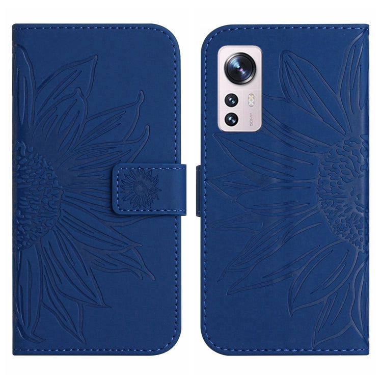 For Xiaomi 12 / 12X Skin Feel Sun Flower Pattern Flip Leather Phone Case with Lanyard(Dark Blue) - 12 Cases by buy2fix | Online Shopping UK | buy2fix