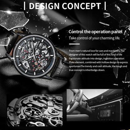 OCHSTIN 6020C Masterpiece Hollow Mechanical Men Watch(Black-Black) - Leather Strap Watches by OCHSTIN | Online Shopping UK | buy2fix