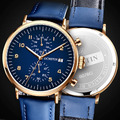 OCHSTIN 6076C Multifunctional Quartz Waterproof Men Leather Watch(Rose Gold+Blue) - Leather Strap Watches by OCHSTIN | Online Shopping UK | buy2fix